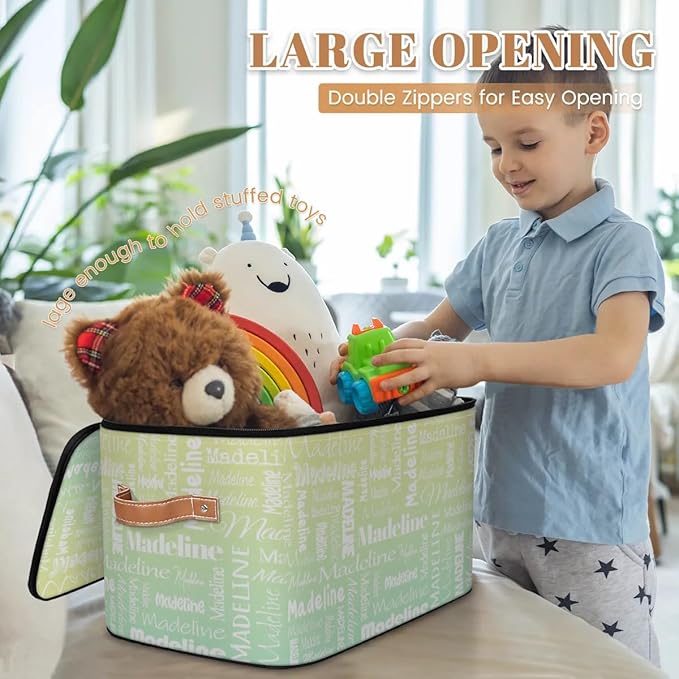 Custom Storage Basket with Name, Personalized Storage Bins with Zipper Lid, Foldable Fabric Storage Box Large capacity with Handle Yellow Green-CubbioJoy