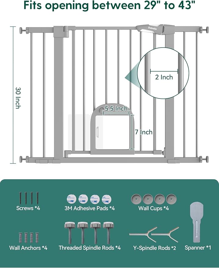 Babelio Baby Gate with Adjustable Cat Door,29-43" Auto Close Durable Pet Door for Stairs,Doorways and House, Pressure Mounted,Easy Install,Effortless Walk Thru,Gray-CubbioJoy