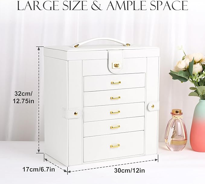 Kendal Extra Large Jewelry Box Jewelry Case PU Leather 6 Tier 5 Drawers Large Storage Capacity with Mirror Jewelry Storage Organizer Great Gift Also Good For Watches LJC-SHD5CM(White)-CubbioJoy