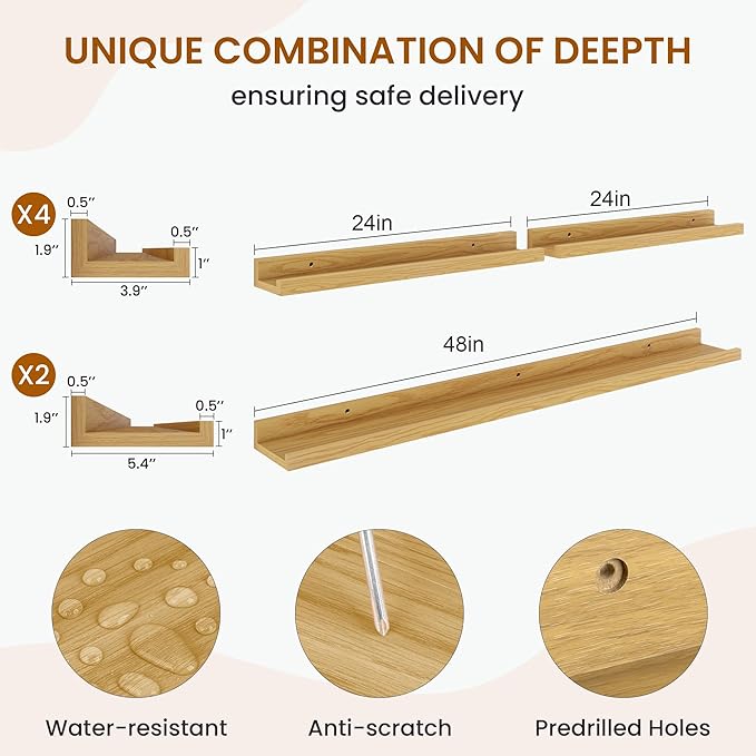 Axeman Picture Ledge Shelf, Floating Shelves for Wall Decor Storage Set of 6, 48 inch Floating Wall Mounted Shelves, Shelves with Lip for Living Room, Bedroom, Nursery, Bathroom, Kitchen, Oak-CubbioJoy