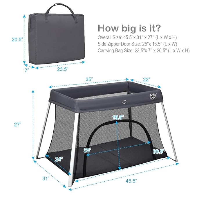 BABY JOY Baby Foldable Travel Crib, 2 in 1 Portable Playpen with Soft Washable Mattress, Side Zipper Design, Lightweight Installation-Free Home Playard with Carry Bag, for Infants & Toddlers (Grey)-CubbioJoy
