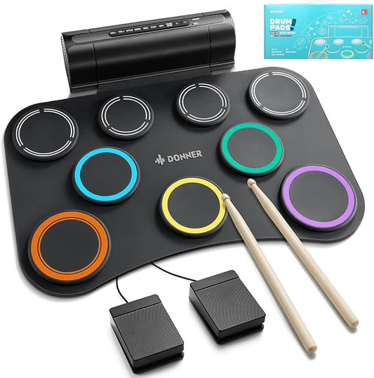 Donner Electric Drum Pad, 9 Pads Electronic Drum Set Roll Up Quiet Drum Pad Built-in Speaker, 40 Drum Lessons Included, Kids Holiday & Birthday Instrument Toys DED-20(SE)-CubbioJoy