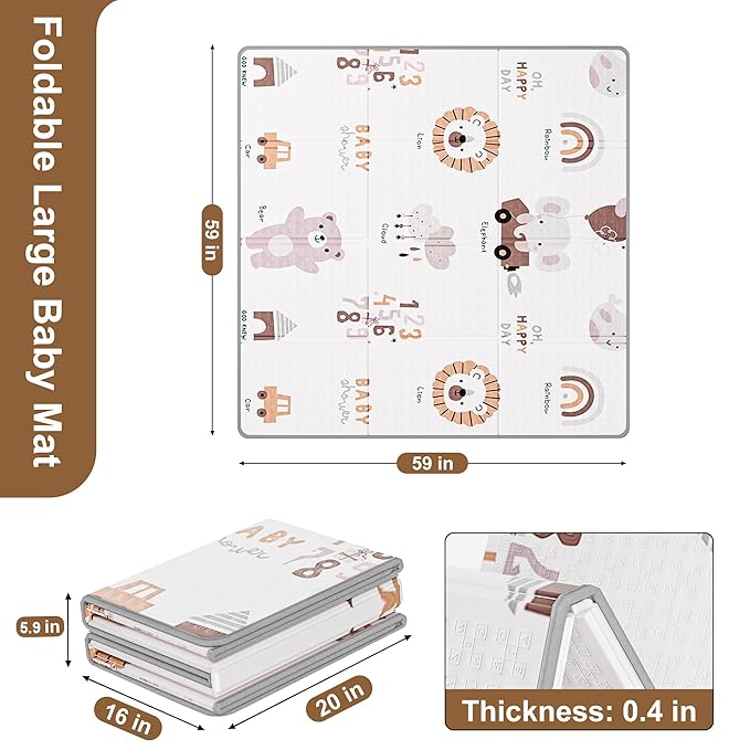 59x59 Baby Play Mat, Foldable Baby Mat for Floor Tummy Time and Crawling, Waterproof & Anti-Slip Reversible Portable for Toddler Infant-CubbioJoy
