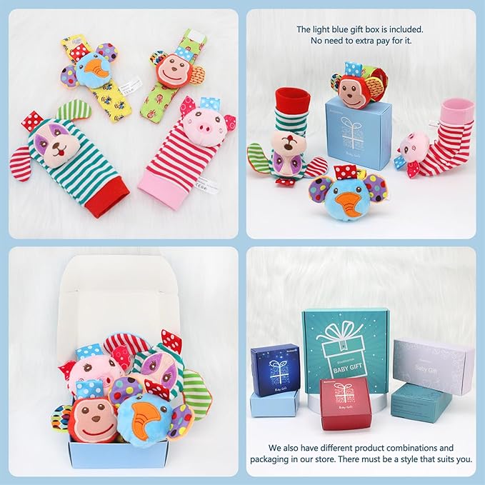 Infant Rattle Socks Toys 0 to 12 Months, Baby Wrist Rattle Foot Finder Socks Set, Birthday Holiday Present for Newborn Boy Girl 0/3/4/6/7/8/9/12/18 Months Kids Toddler, Gift Box Package (4A)-CubbioJoy
