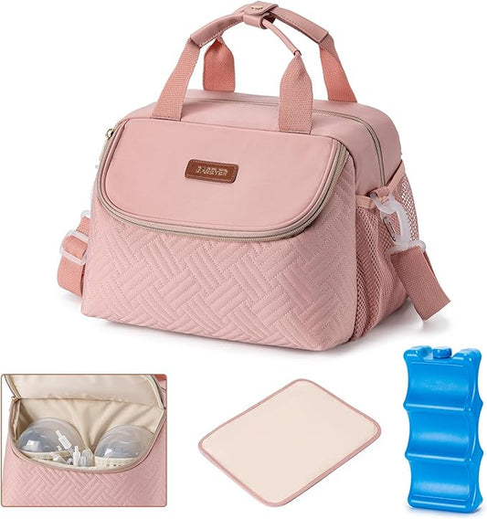 Breastmilk Cooler Bag with Ice Pack Fits 6 Baby Bottles up to 9 Ounce, Wearable Breast Pumps Cooler Bag for Nursing Mom Daycare, Work, Travel- Pink-CubbioJoy