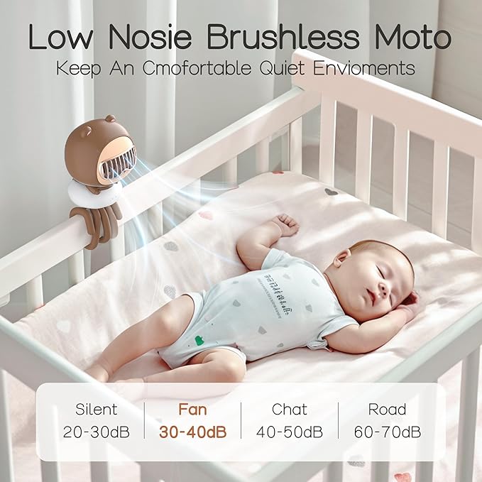 Cute Bear Stroller Fan Clip On for Baby, Portable Bladeless Fans 4 Speeds Oscillating, 4000mAh Rechargeable Battery Powered, Flexible Tripod Strong Cooling for Bedside Crib Car Seat-CubbioJoy