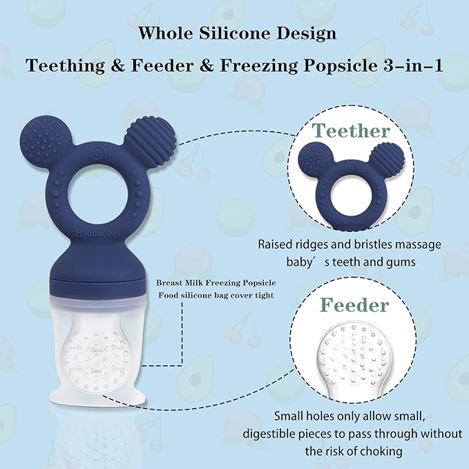 Baby Fruit Feeder, Frozen Teething Toys, Infants Teether Pacifier with 3 Extra Teats, Toddler Eating Essentials, BPA Free Feeding Supplies (Steel Blue)-CubbioJoy