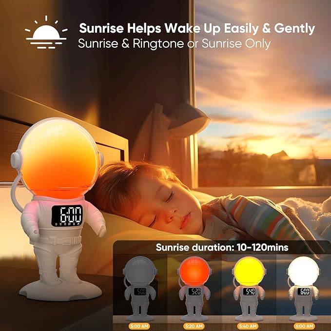 Astronaut Sunrise Alarm Clock for Kids, White Noise Sound Machine with 30 Soothing Sounds, 22 Dimmable Nightlights, Bluetooth Speaker, Dual Digital Alarm Clocks, Wake Up Light for Bedroom, Adults-CubbioJoy