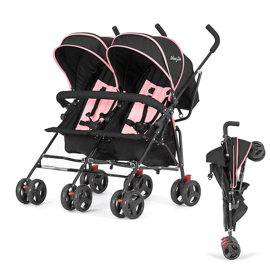Dream On Me Volgo Twin Umbrella Stroller in Pink, Lightweight Double Stroller for Infant & Toddler, Compact Easy Fold, Large Storage Basket, Large and Adjustable Canopy-CubbioJoy