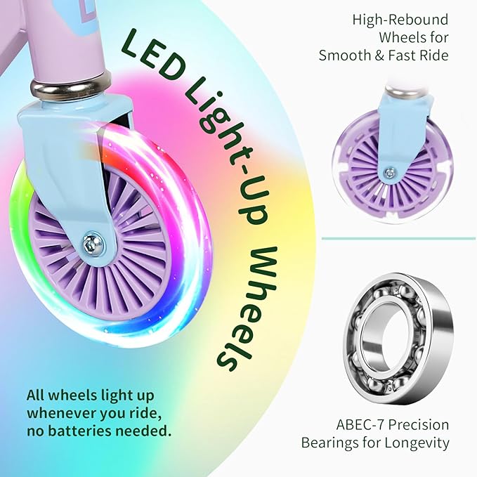 BELEEV V2 Scooters for Kids with Light-Up Wheels & Stem & Deck, 2 Wheel Folding Scooter for Girls Boys, 3 Adjustable Height, Non-Slip Pattern Deck, Lightweight Kick Scooter for Children Ages 3-12-CubbioJoy