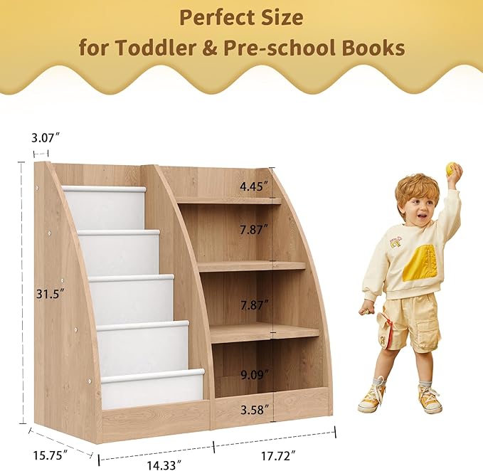 4 Tier Kids Bookshelf,4 Layer Sling Kids Book Shelf for Kids Rooms,Wood Children Bookcase,Baby Storage Book Rack,Toddler Bookshelf, Book and Toy Organizer,Book Display Shelf for Bedroom, Nursery-CubbioJoy