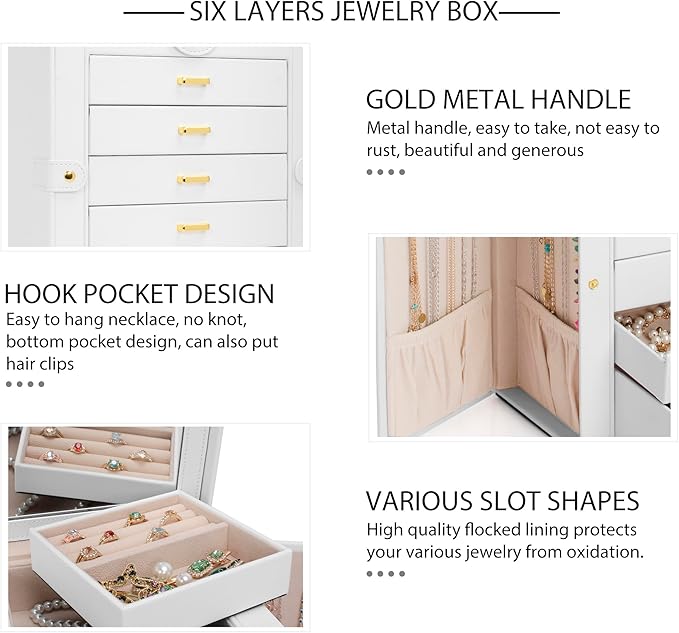 AKOZLIN Functional 6-Tier Jewelry Box Organizer with 5 Drawers Leather Jewelry Storage Case for Women Girls Ring Necklace Earring Bracelet Holder Organizer with Mirror White-CubbioJoy
