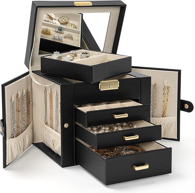 AKOZLIN 4-Tier Jewelry Box Leather Jewelry Storage Organizer with 3 Drawers Lockable for Women Girls Ring Necklace Earring Bracelet Holder with Mirror Black-CubbioJoy