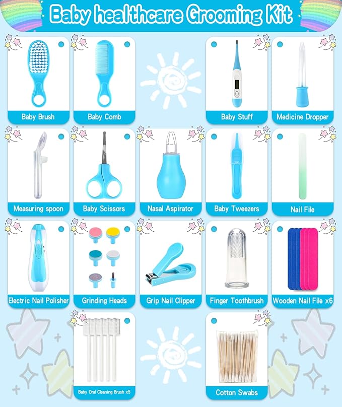 Baby Grooming and Healthcare Kit, Portable Baby Safety Care Set with Hair Brush Comb Nail Clipper Nasal Aspirator for Nursery Newborn Infant Girl Boy (31 in 1, Blue)-CubbioJoy