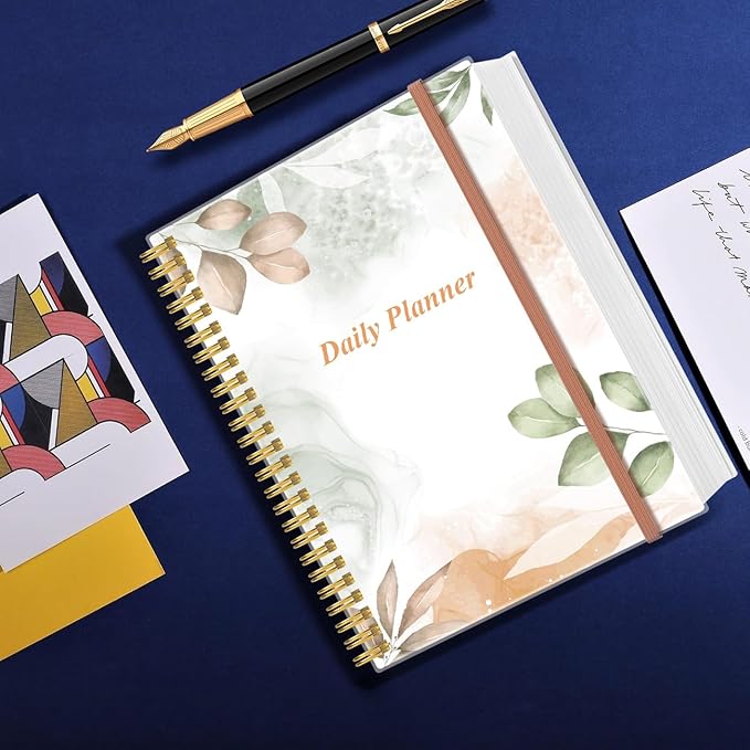 Daily Planner Undated - 8.5" x 11" To Do List Notebook Hourly Schedules, 150 Sheets/300 Pages Spiral Appointment Planner for Women and Men,PVC Hardcover, Inner Pocket, Elastic Closure, Rose Leaf-CubbioJoy