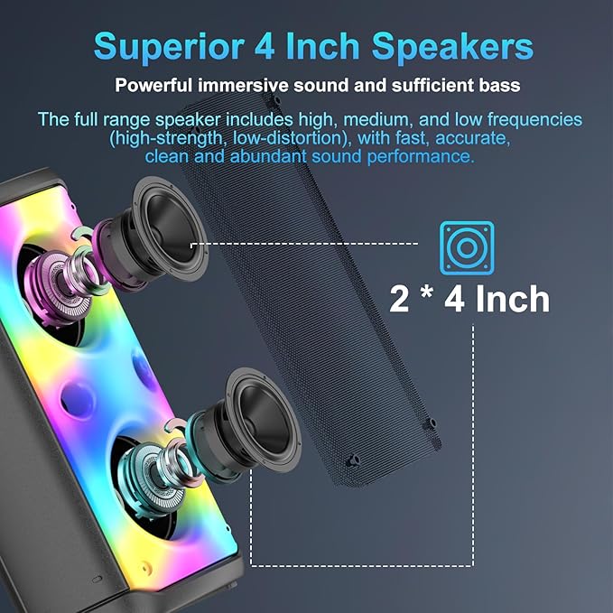 Bluetooth Speaker, 80W Peak Wireless TWS Portable Outdoor Party Speakers with Subwoofer, Deep Bass, LED Colorful Lights, Loud Stereo Sound Boombox with Radio for Home, Camping, Travel-CubbioJoy