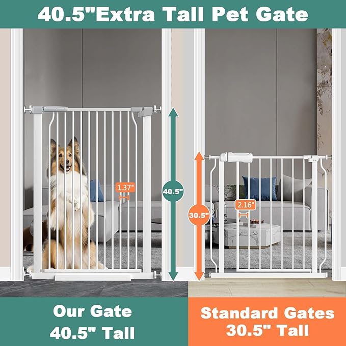 40.5" Extra Tall Baby Gate No Drill, 63"-65.7" Extra Wide Dog Pet Gate Indoor, Long Safety Child Gate, Metal Tension Auto Close No Climb Fence Pet Gate for Stairs Doorway, White-CubbioJoy