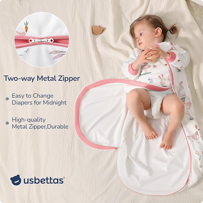 Baby Sleep Sack 6-12 Months, Cotton Detachable Long Sleeve Sleep Sack, 1.0 Tog Toddler Sleeping Sack with Temperature Strips, 2-Way Zipper Wearable Blankets for Newborns, Bunny-CubbioJoy