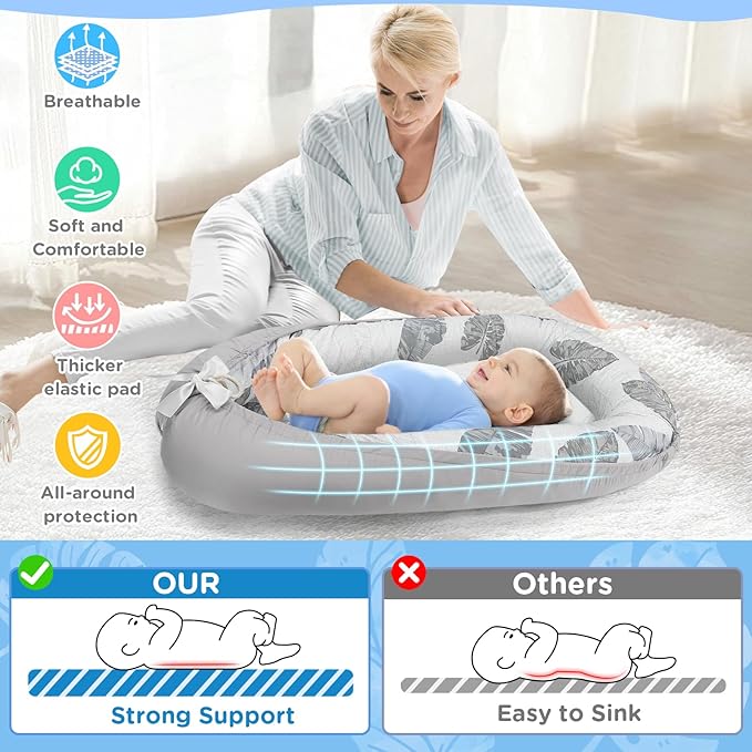 Baby Lounger - Baby Lounger for Newborn 0-24 Months, Breathable and Soft Cotton Cover Baby Nest, Portable Cozy Tummy Time Lounger for Home and Travel, Ideal Baby Essentials & Shower Gifts-CubbioJoy