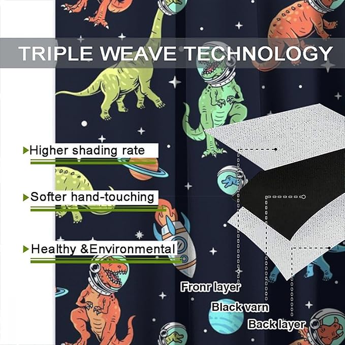 Cartoon Dinosaur Curtains for Kids Boys Girls Home Decor, Astronaut Rocket Funny Outer Space Blackout Rod Pocket Window Drapes for Bedroom Living Room W21xL45in 2 Panels-CubbioJoy