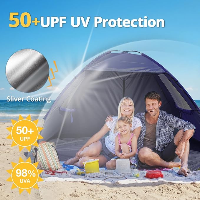 CAMEL CROWN Beach Tent UPF 50+ Sun Shelter for 2/3/5/6 Person, Lightweight Portable Sun Shade with Sand Anchor, Family Beach Day & Outdoor Adventures-CubbioJoy