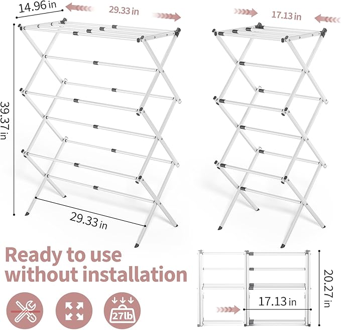 APEXCHASER Clothes Drying Rack, 3-Tier Laundry Drying Rack for Clothes, Expandable Metal Clothing Dryer, Collapsible Towel Rack, Air Drying Rack, White-CubbioJoy
