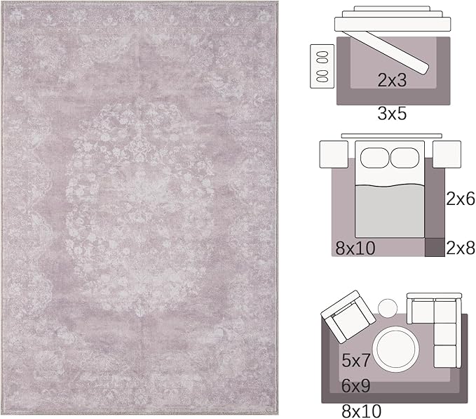 jinchan Vintage Floral 4x6 Area Rugs - Machine Washable Distressed Design Soft Ultra-Thin Low-Pile Non-Slip Carpet for Entryway Kitchen Bedroom Nursery Living Room Dining Room (4x6ft,Orchid)-CubbioJoy