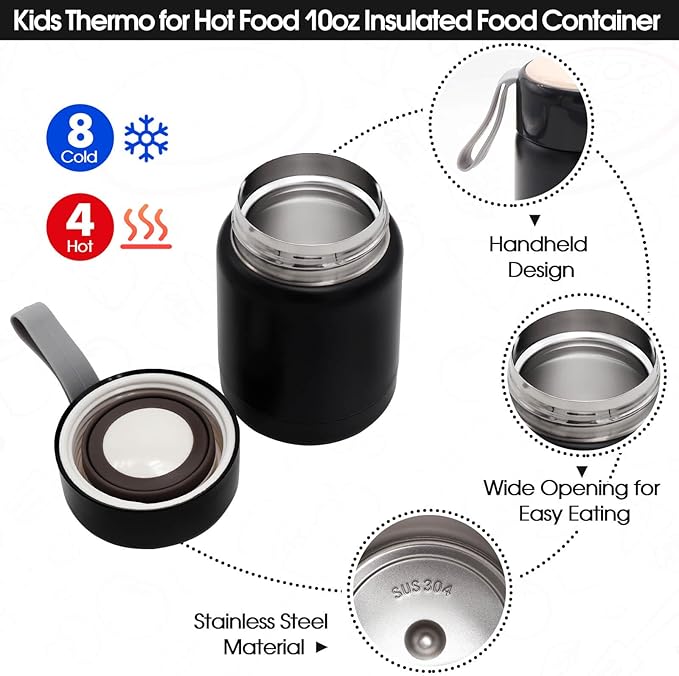 Insulated Lunch Bag for Boys Girls with 10oz Thermo, with 6 Compartment Bento Box, Black Nylon Preppy Lunch Box Adjustable Strap for Boy Girl Kids Teens School Travel Picnic-CubbioJoy