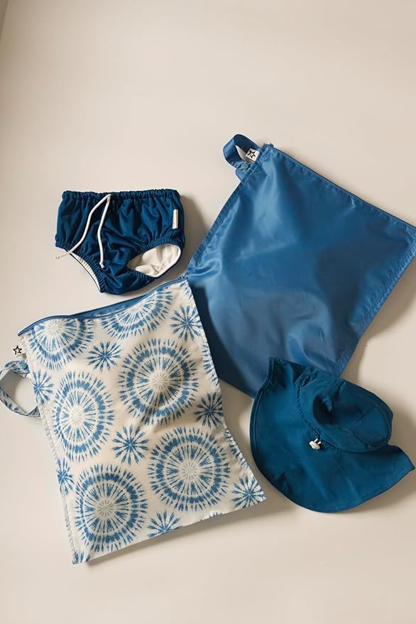 Tiny Twinkle Mess-Proof Waterproof Wet Dry Bag | 2-Pack Reusable Wet Bags for Swimsuits & Baby Clothes | Leakproof Wet Bag for Travel & Diaper Changes for Baby (Blue Tie Dye)-CubbioJoy