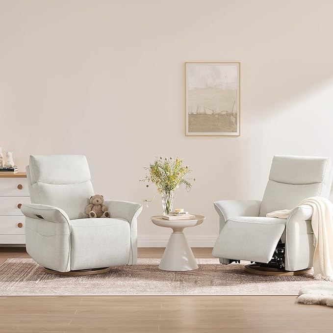 CHITA Power Recliner Chair, Electric Triple-Motor Swivel Glider Nursery Rocking Chair with Adjustable Power Headrest and Lumbar Support, GREENGARD Gold Certified, Solid Wood Base, Linen-CubbioJoy