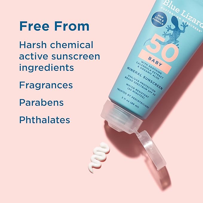 BLUE LIZARD Baby Mineral Sunscreen with Zinc Oxide, SPF 50+, Water Resistant, UVA/UVB Protection with Smart Cap Technology - Fragrance Free, 3 Ounce Tube-CubbioJoy