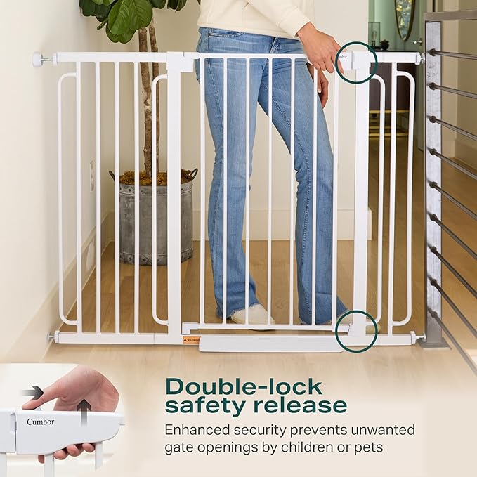 Cumbor 36" Extra Tall Baby Gate for Stairs, 29.7-57" Extra Wide Dog Gate for Doorways Hallways, Pressure Mounted Child Gate for Wide Opening, Auto Close Personal Safety for Babies and Pets, White-CubbioJoy