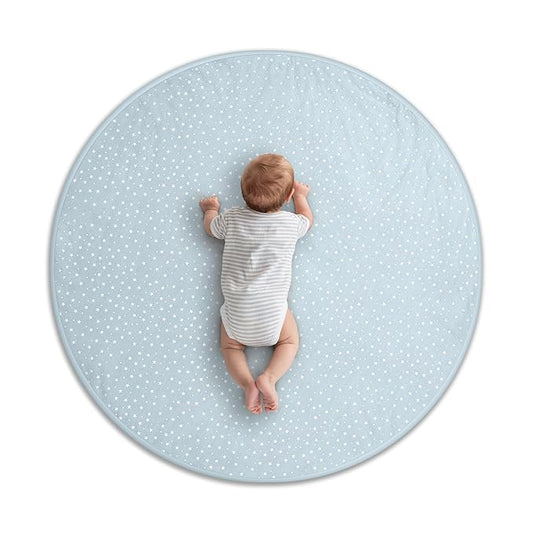 Byrd & Blume Round Baby Play Mat, Organic Cotton Soft Padded Nursery Floor Mat, Safe Hypoallergenic Baby Mat, Reversible, Foldable, Portable Infant Tummy Time Mat Fits Tents & Playpens (40"x40") Blue-CubbioJoy