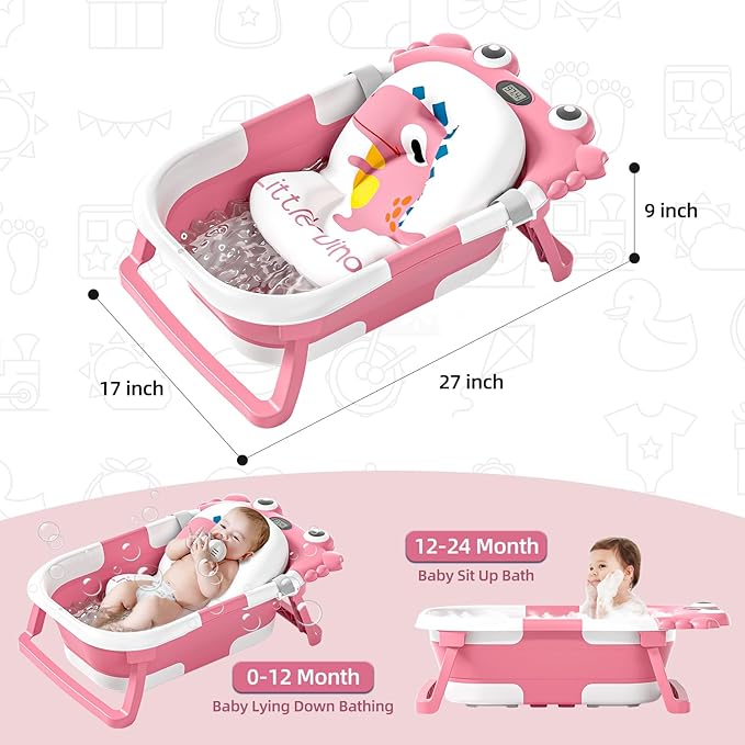 Collapsible Baby Bathtub for Newborns to Toddler with Real-time Temp Monitor & Floating Cushion,Portable Travel Tub for 0-36 Month, Foldable Baby Bath Tub for Infants Girl (Pink)-CubbioJoy