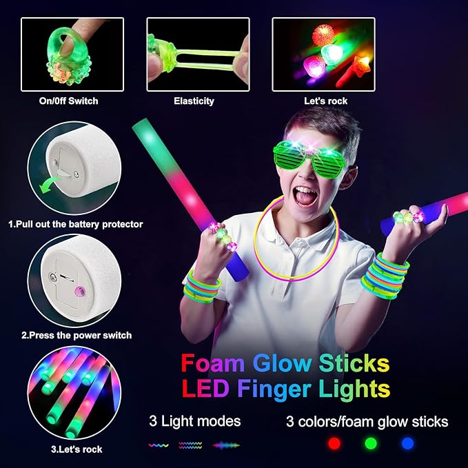 150 PCS Glow in the Dark Party Supplies, 16 Foam Sticks, 16 LED Glasses, 100 Glow Sticks and 18 Finger Lights for Neon Party, Wedding, Birthday, Concert, New Year, Carnivals, Raves-CubbioJoy