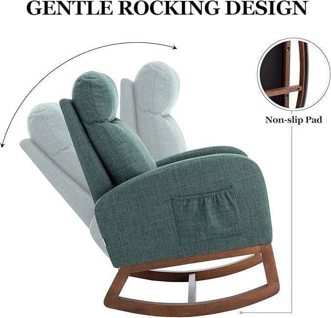 Dolonm Nursery Rocking Chair for Living Room, Upholstered Mid-Century Modern Nursery Rocking Armchair Tall Back Accent Glider Rocker, Emerald-CubbioJoy