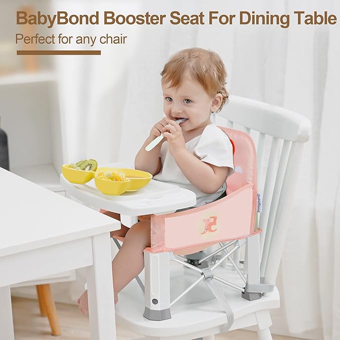 Baby Travel Booster Seat with Double Tray, BabyBond Upgraded Toddler Portable Baby Chair, Booster Seat for Dining Table, Stable and Foldable Booster Baby Chair for Indoor/Outdoor (Pink Dinosaur)-CubbioJoy