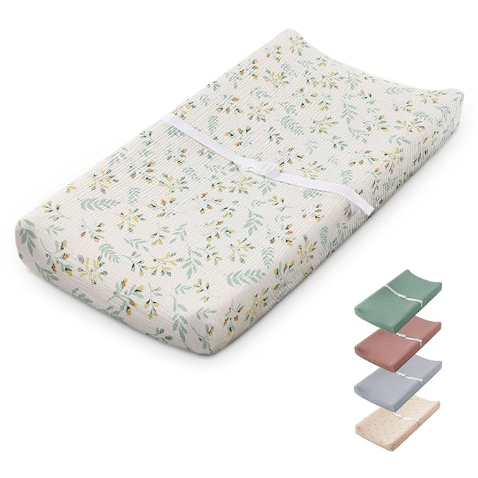 Blissful Diary Muslin Baby Changing Pad with Waterproof Lining Foam, Diaper Changing Table Pad with Cover for Dressers (Botanical Leaf, Rectangular)-CubbioJoy