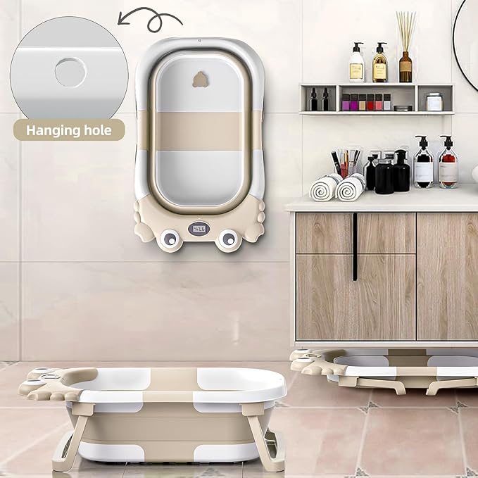 Collapsible Baby Bathtub for Infants to Toddler with Real-time Temp Monitor+Floating Cushion,Foldable Baby Bath Tub Set Applicable 0-36 Month,Portable Travel Baby Tub for Newborns Boy (Beige)-CubbioJoy