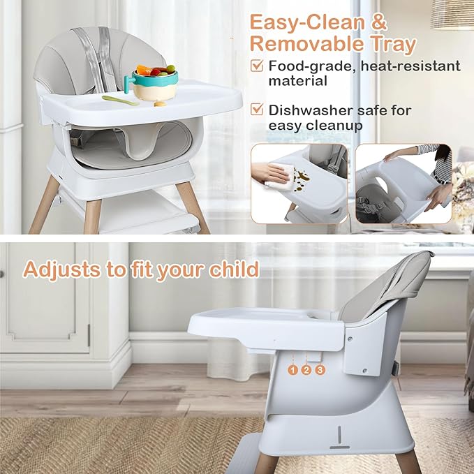 9 in 1 Convertible Baby High Chair with Booster, Wooden Highchair for Babies and Toddlers with Adjustable Tray & 5-Point Harness, Multi-Functional Growing Seat for Feeding, Learning & Play, Gray-CubbioJoy