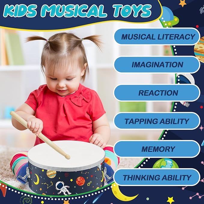 Boao 1 Pc Kids Drum Set, 8 Inch Toddler Drum Wooden Toy with Adjustable Strap and 4 Drumsticks, Educational Sensory Musical Instrument for Toddlers Kid Baby Boys Girls Gift (Space)-CubbioJoy