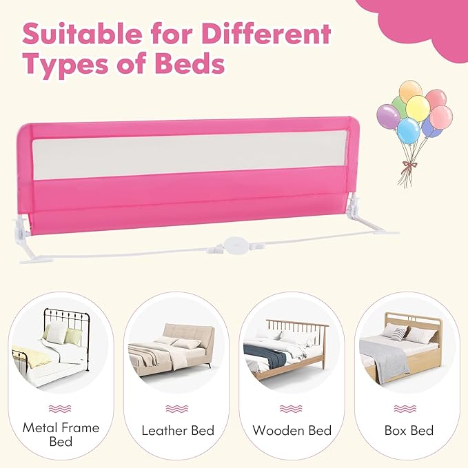 BABY JOY Bed Rails for Toddlers, 71'' Extra Long, Swing Down Bed Guard w/Safety Strap, Folding Baby Bedrail for Kids Twin, Double, Full Size Queen & King Mattress (71-Inch, Pink)-CubbioJoy