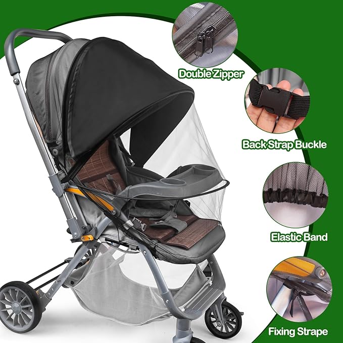 Baby Mosquito Net for Stroller Sun Shade, 2-in-1 Stroller Cover for Sun Protection with Two-Way Zipper and Storage Bag, Breathable Strollers Bug Net Suitable for Bassinet, Cradle, Car Seat – Black-CubbioJoy