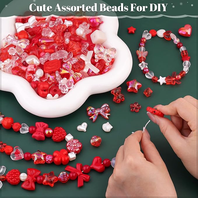 Assorted 170-230PCS Red Acrylic Beads for Bracelet Making, Flower Bow Butterfly Candy GummyBear Aesthetic Bracelet Charms,Cute Beads for Jewelry Making DIY Necklace Keychain Phone Charm-CubbioJoy