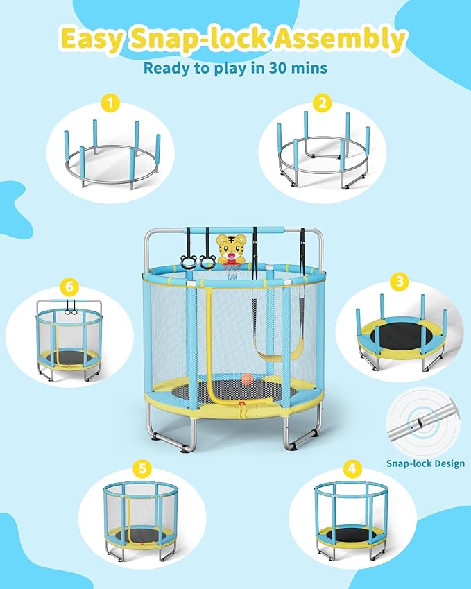 55” Trampoline for Kids, Powder-Coated Mini Trampoline for Toddlers, Indoor Outdoor Toys with Adjustable Gymnastics Bar, Swing, Basketball Hoop, Birthday Gifts for Boys & Girls Ages 1-8-CubbioJoy