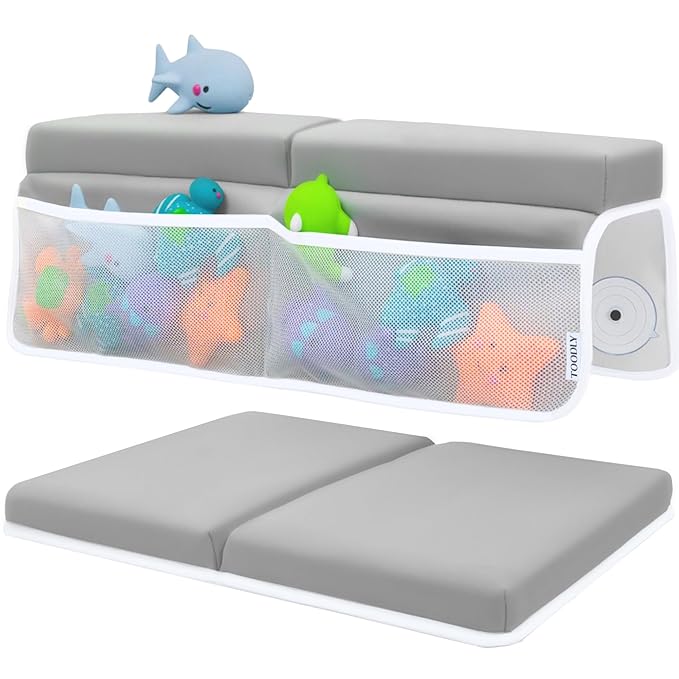 Comfortable Baby Bath Kneeler and Elbow Rest Pad Set – Thick Memory Foam Bath Kneeling Pad with Elbow Support – Baby Bathtub Cushion with Toy Organizer for Bathing Infant or Toddler - Grey-CubbioJoy