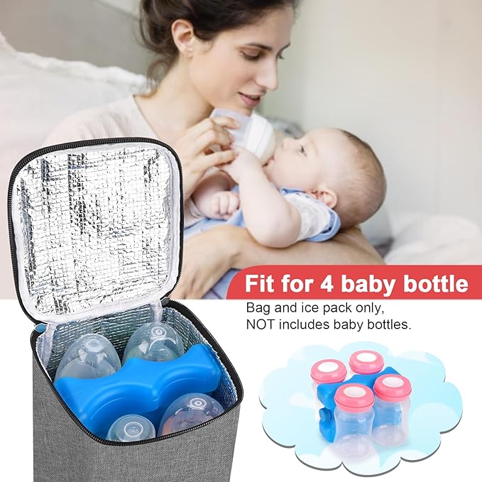 Accmor Breastmilk Cooler Bag with Ice Pack, Baby Bottle Cooler Bags, Insulated Tote Bags On The Go, Fits 4 Large 8oz Bottles, for Nursing Mom Daycare Travel, Grey-CubbioJoy