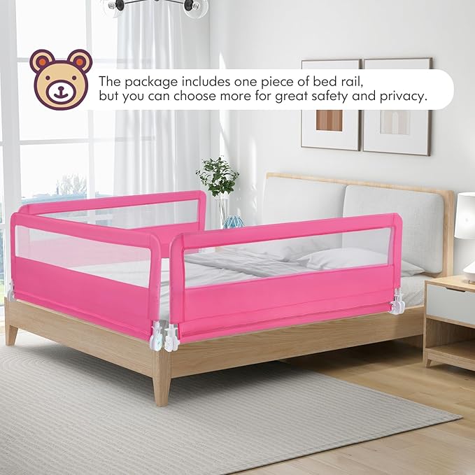 BABY JOY Bed Rails for Toddlers, 59'' Extra Long, Swing Down Bed Guard w/Safety Straps, Folding Baby Bedrail for Kids Twin, Double, Full Size Queen & King Mattress (Pink, 59-Inch)-CubbioJoy