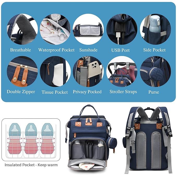 Jeryswet Baby Diaper Bags with Changing Station, Waterproof Large Capacity Diaper Bag Backpack for Moms Dads with USB Charging Port and Stroller Straps, Baby Shower Gifts, Blue-CubbioJoy