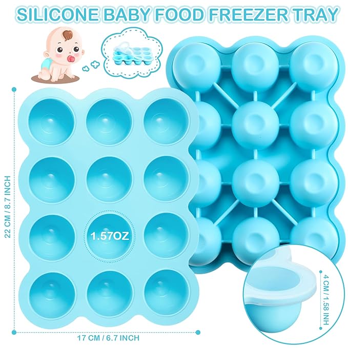 3 Pcs Baby Food Storage Container 12 Cup Silicone Baby Food Freezer Tray with Lid Stackable Reusable Silicone Baby Food Freezer Storage Tray for Food Vegetable Fruit Puree and Breast Milk (Blue)-CubbioJoy